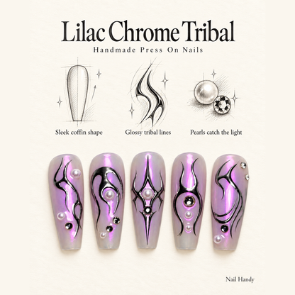 Lilac Cyber Sigil Press-On Nails with Pearl Accents - press-on nail design concept and illustrated product story