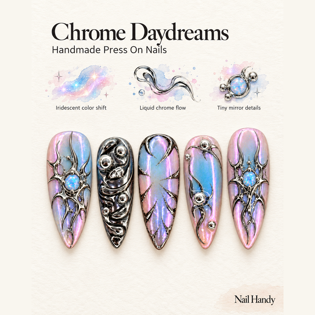 Opal Chrome Orbit Press-On Nails — Iridescent Silver Swirls - press-on nail design concept and illustrated product story