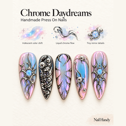 Opal Chrome Orbit Press-On Nails — Iridescent Silver Swirls - press-on nail design concept and illustrated product story
