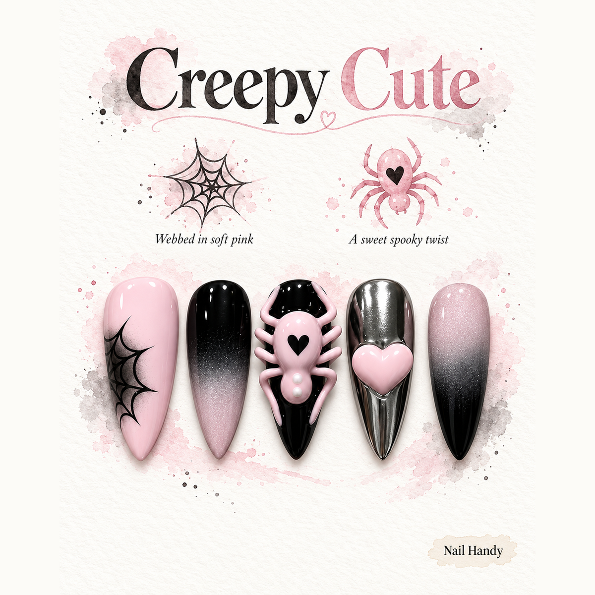 Blush Web Spider Press-On Nails with Chrome Hearts - press-on nail design concept and illustrated product story