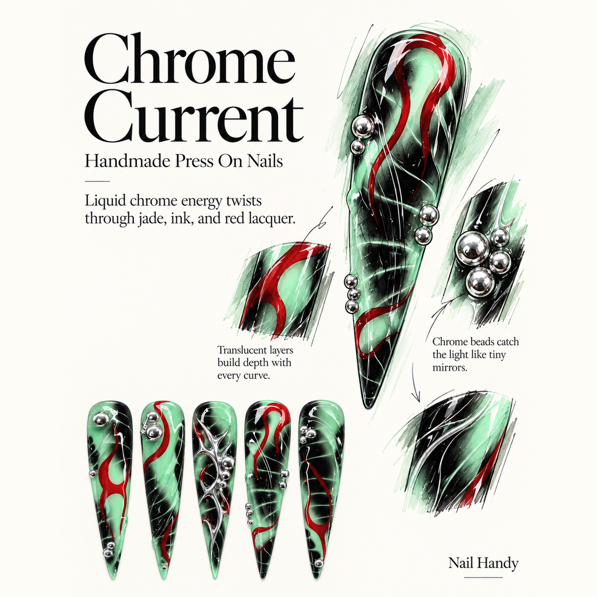 Mint Voltage Press-On Nails with Silver Accents - press-on nail design concept and illustrated product story