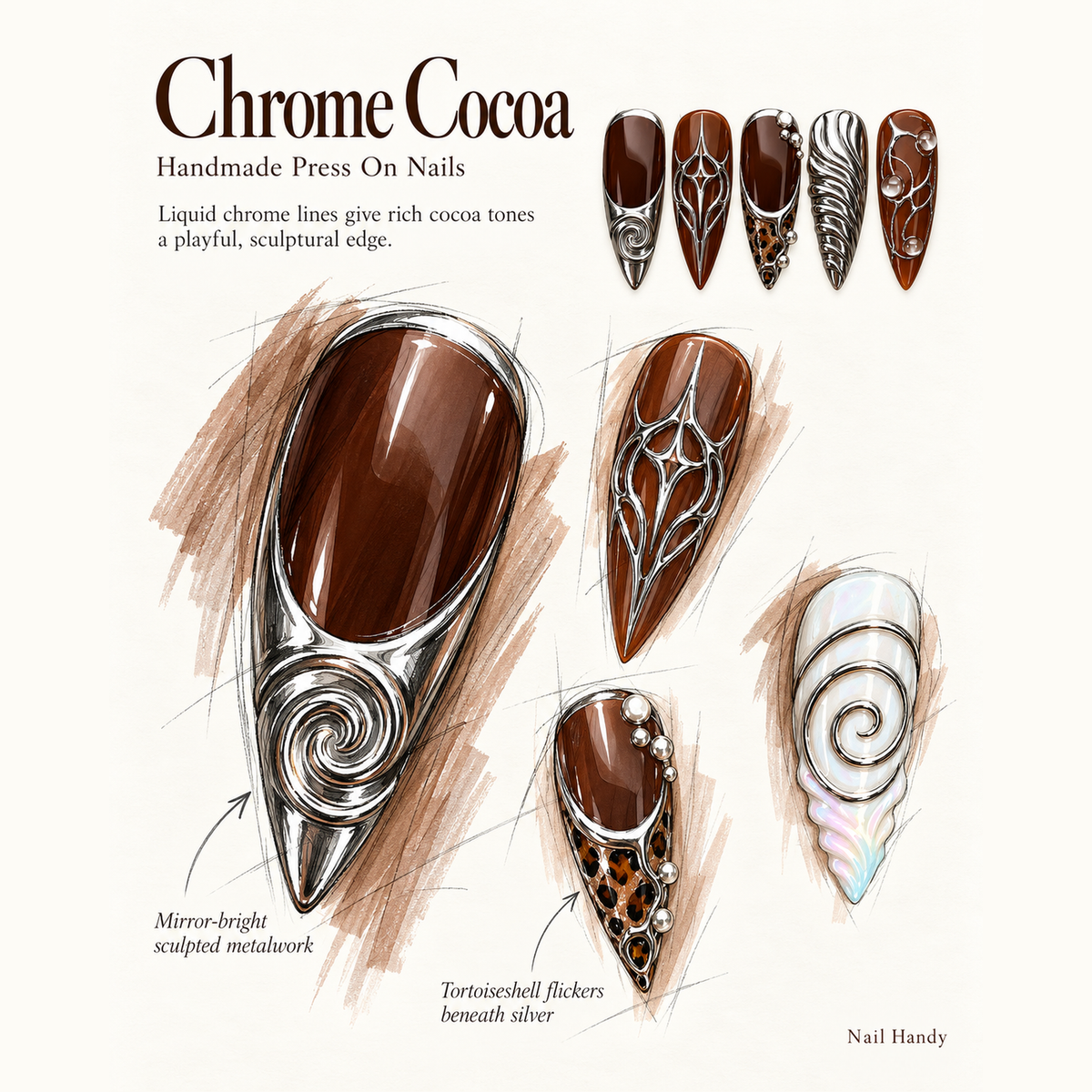 Molten Cocoa Orbit Press-On Nails with Silver Swirls - press-on nail design concept and illustrated product story