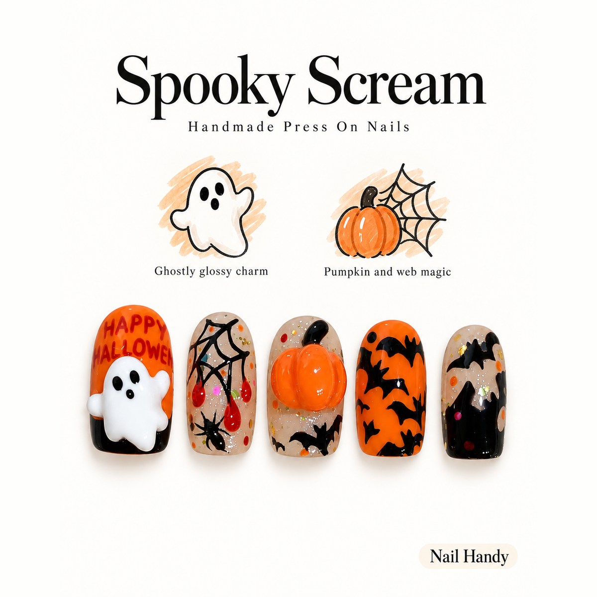 Pumpkin Web Parade Press-On Nails for Halloween - press-on nail design concept and illustrated product story