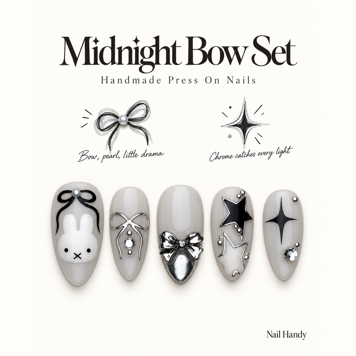 Greige Bunny Bows Press-On Nails with Silver Stars - press-on nail design concept and illustrated product story