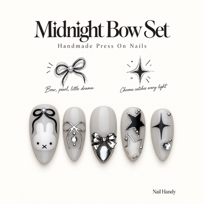 Greige Bunny Bows Press-On Nails with Silver Stars - press-on nail design concept and illustrated product story