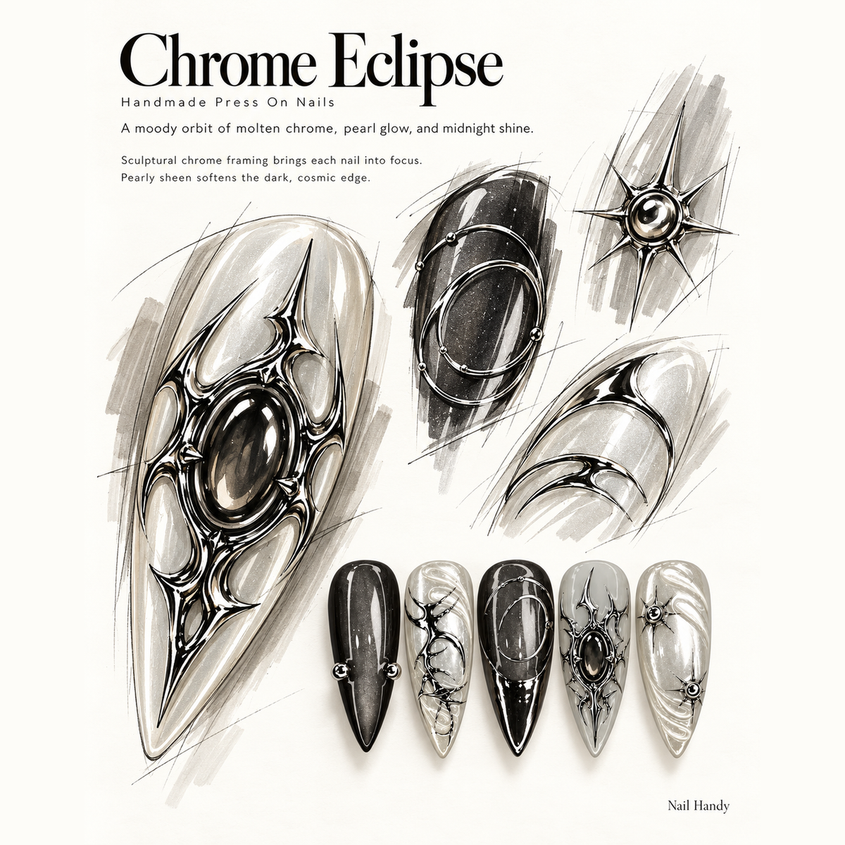 Obsidian Orbit Press-On Nails with Silver Accents - press-on nail design concept and illustrated product story