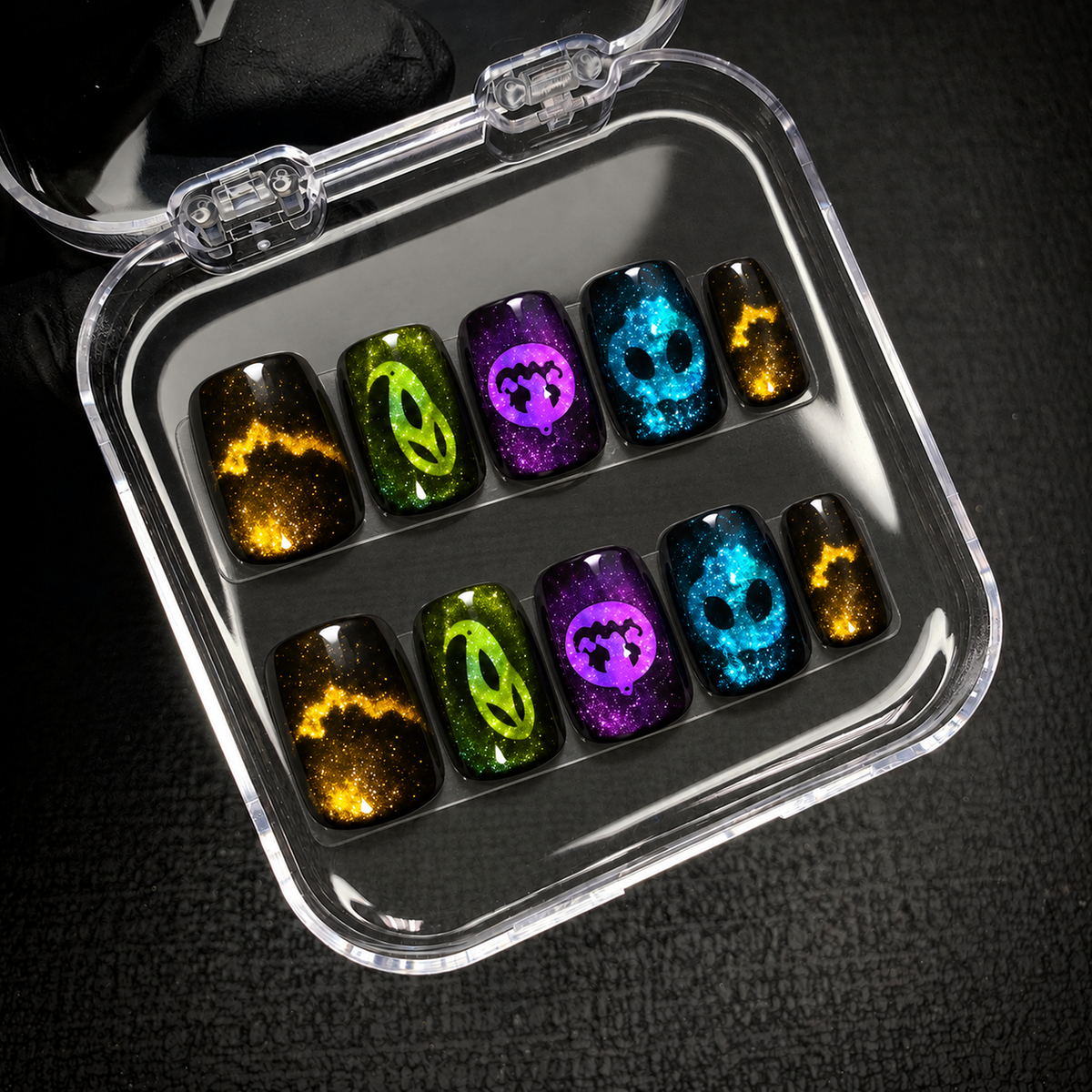 Open Nail Handy package presentation for the Neon Monster Glow press-on nail set.