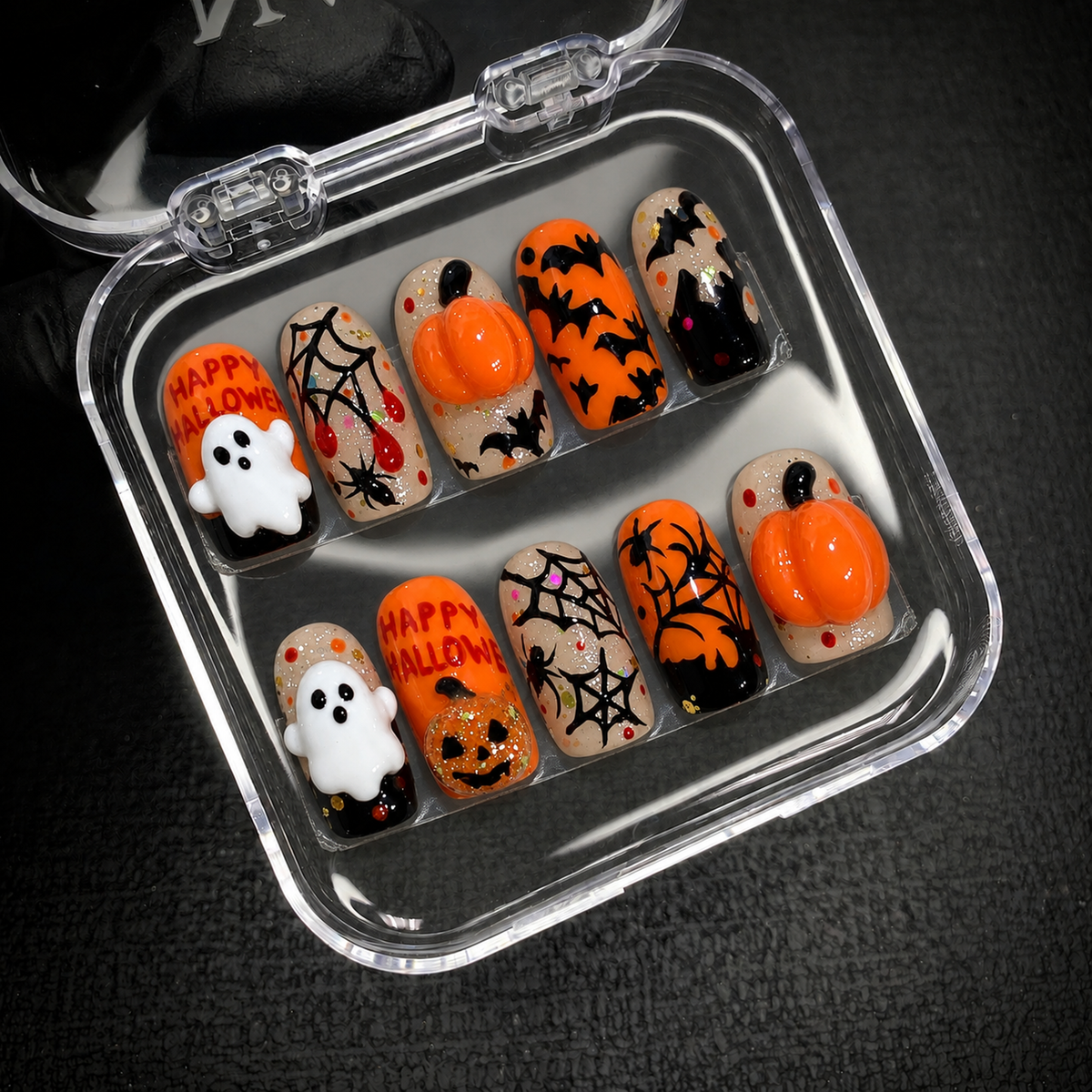 Nail Handy Pumpkin Web Parade press-on nail set shown with included packaging.