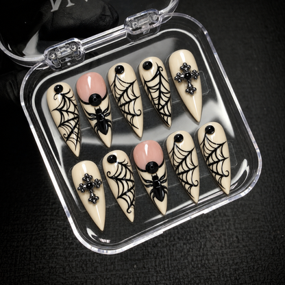 Open Nail Handy package displaying the Midnight Web press-on nail set and included presentation materials.