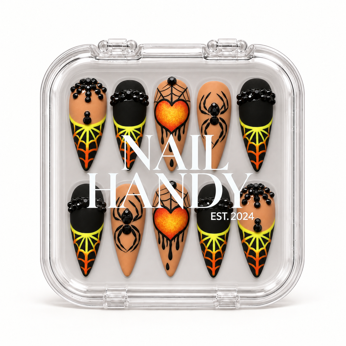 Closed Nail Handy branded package box for the Midnight Web Heart press-on nail set.