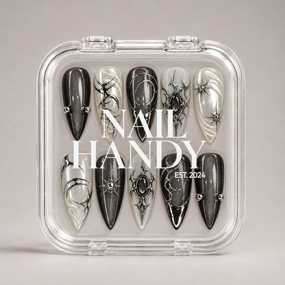 Closed clear Nail Handy case displaying ten charcoal and pearly nails in two rows, with white branding across the lid.