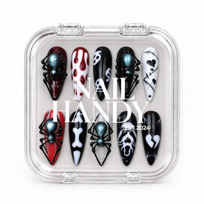 Closed Nail Handy branded package box for the Midnight Spider Web press-on nail set.