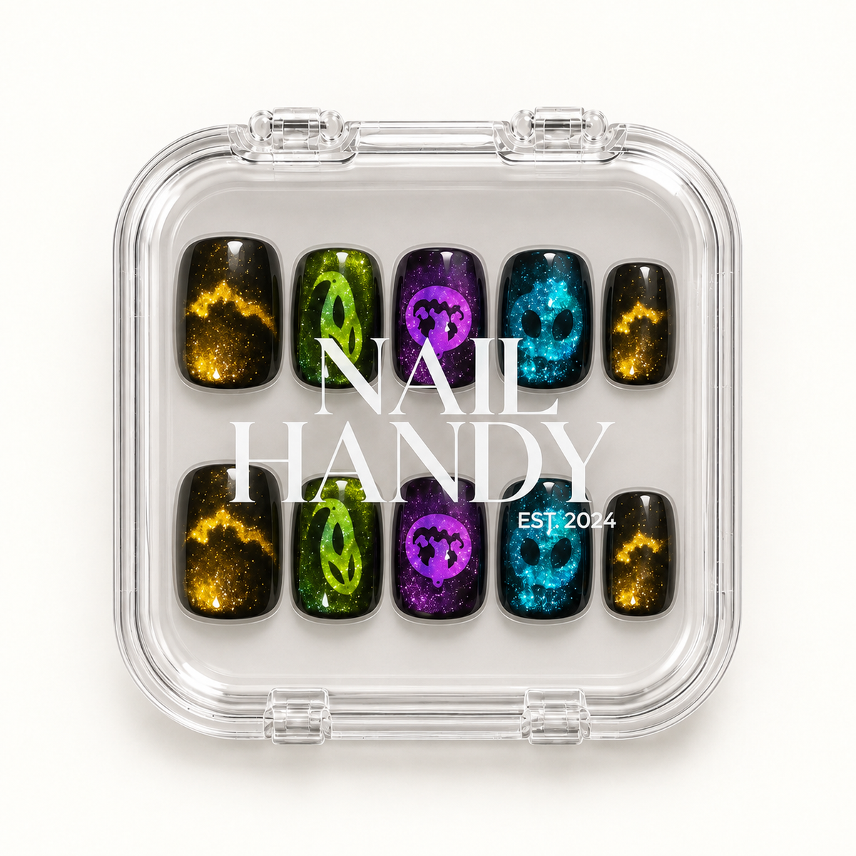 Nail Handy branded package box for the Neon Monster Glow press-on nail set.