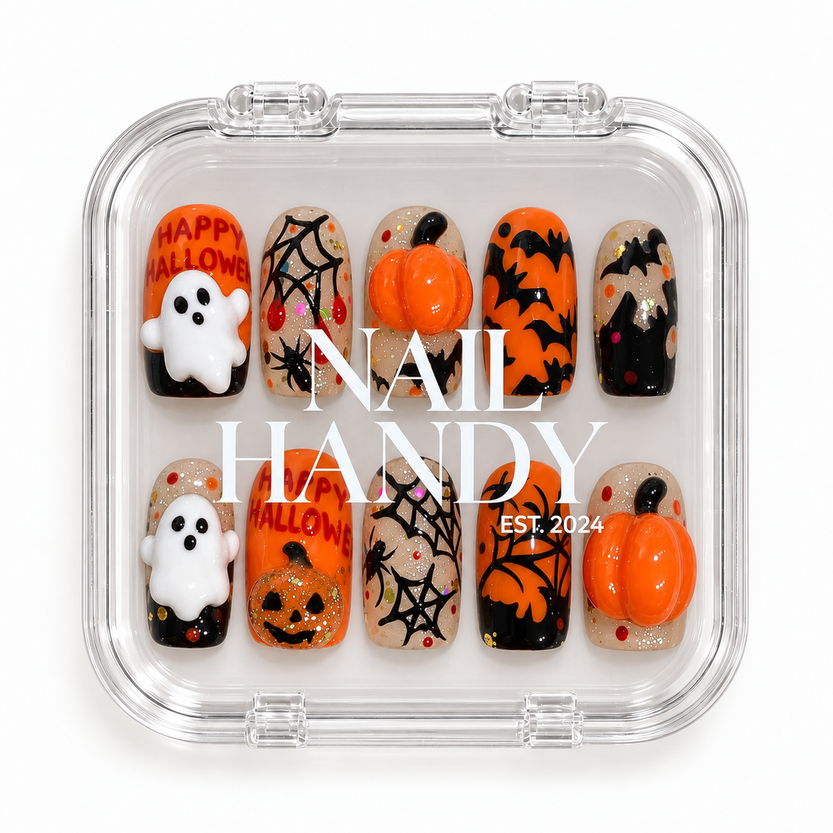 Nail Handy packaging for the Pumpkin Web Parade Halloween press-on nail set.