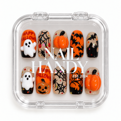 Nail Handy packaging for the Pumpkin Web Parade Halloween press-on nail set.