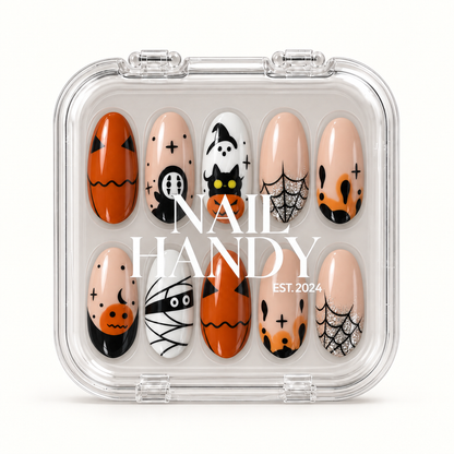 Nail Handy branded package for the Pumpkin Web Parade press-on nail set.