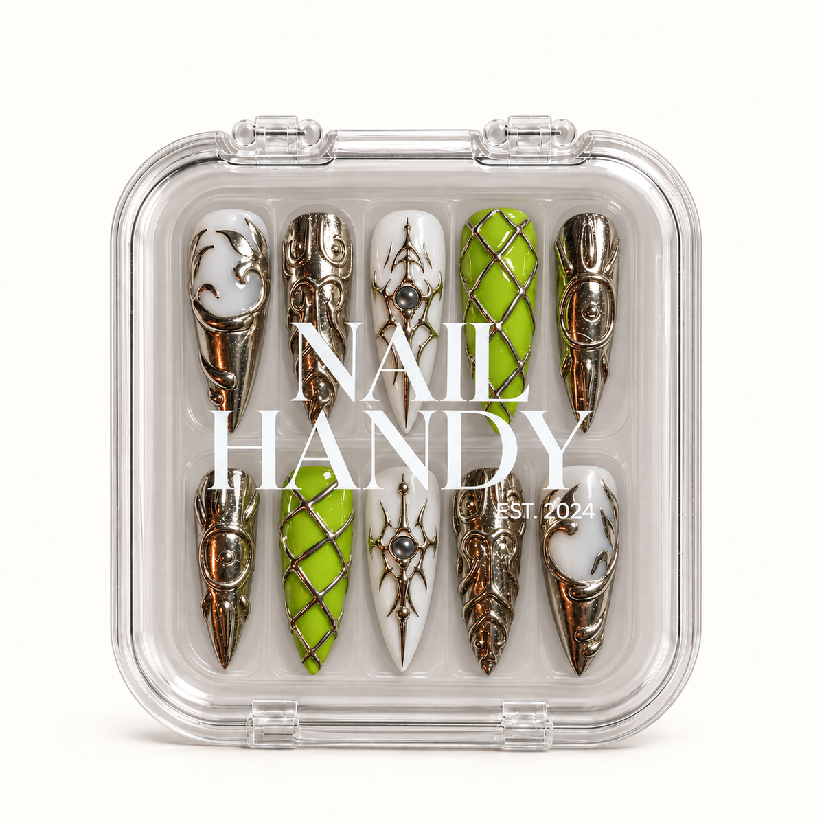 Closed clear case with white Nail Handy lettering displaying ten ornate lime green, milky white, and reflective silver-tone nails.