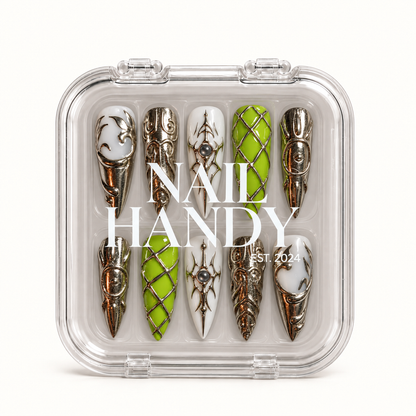 Closed clear case with white Nail Handy lettering displaying ten ornate lime green, milky white, and reflective silver-tone nails.