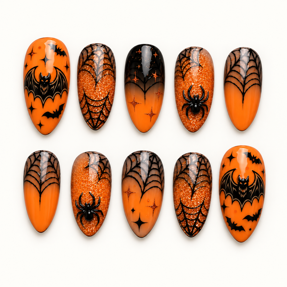 Ember Web orange and black press-on nail set with bats, spiders, glitter, and spiderweb artwork