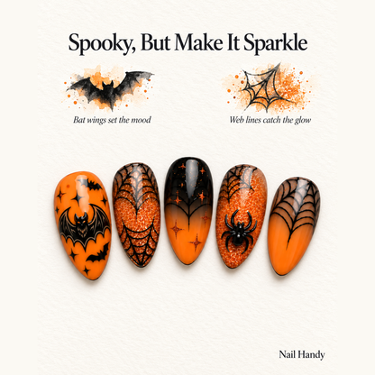 Ember Web Halloween Press-On Nails with Bats and Spiders - press-on nail design concept and illustrated product story