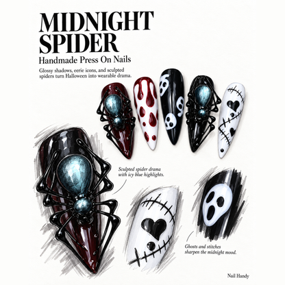 Midnight Spider Web Press-On Nails with 3D Gothic Details - press-on nail design concept and illustrated product story