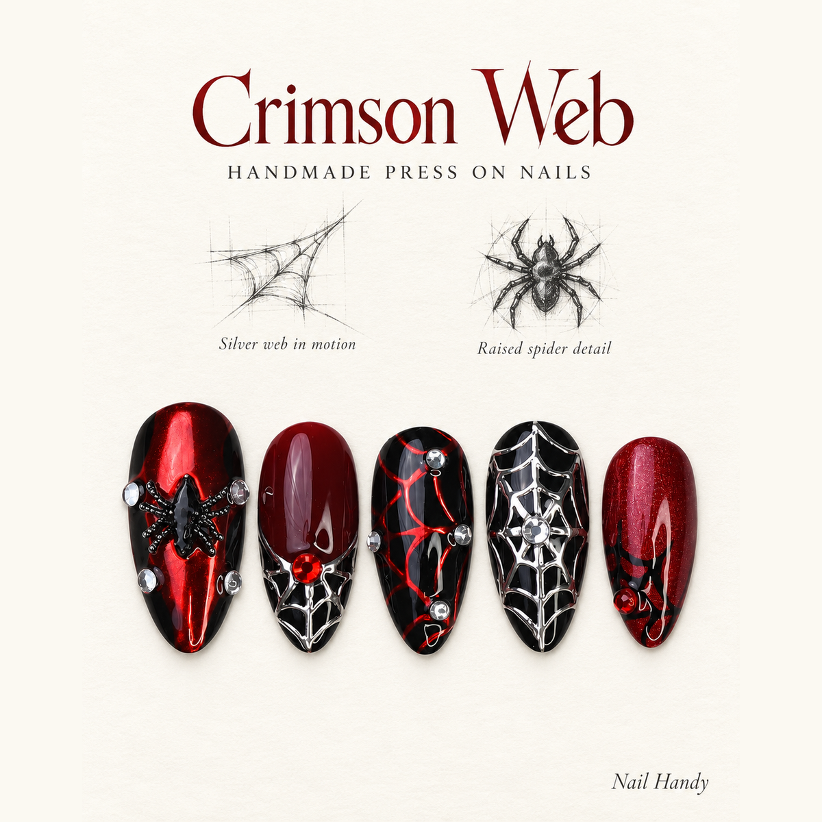 Crimson Web Gothic Press-On Nails with Spider Motifs - press-on nail design concept and illustrated product story