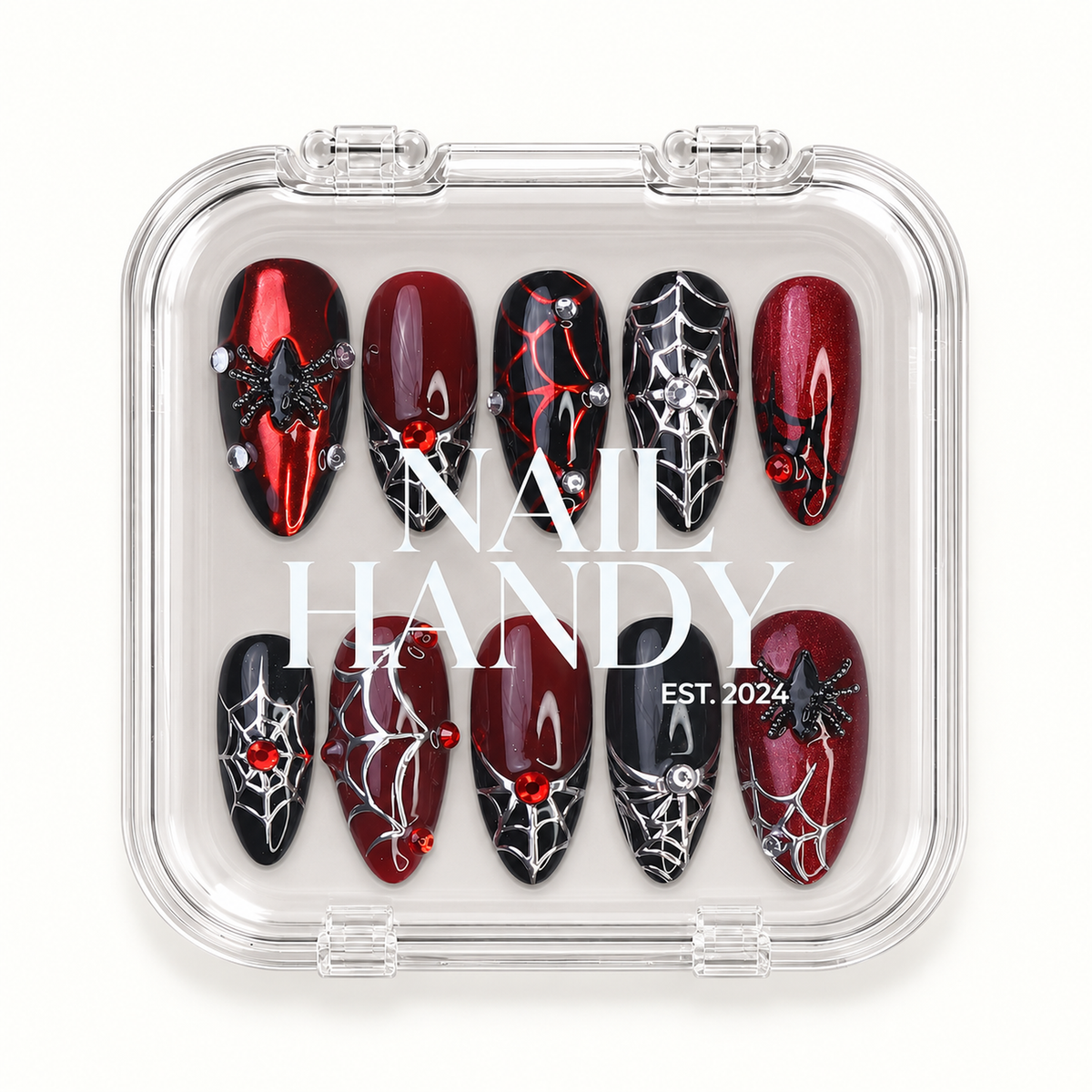 Closed Nail Handy branded package for the Crimson Web press-on nail set.