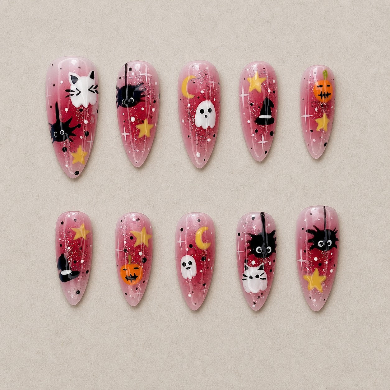 Full set of 10 almond press-on nails — Berry Hex Halloween nail art with black cat, ghost, kawaii