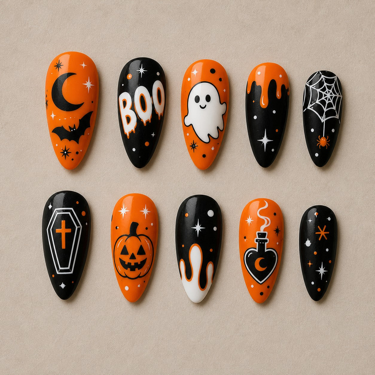 Full set of 10 almond press-on nails — Boo Lantern Halloween nail art with ghost, pumpkin, bat