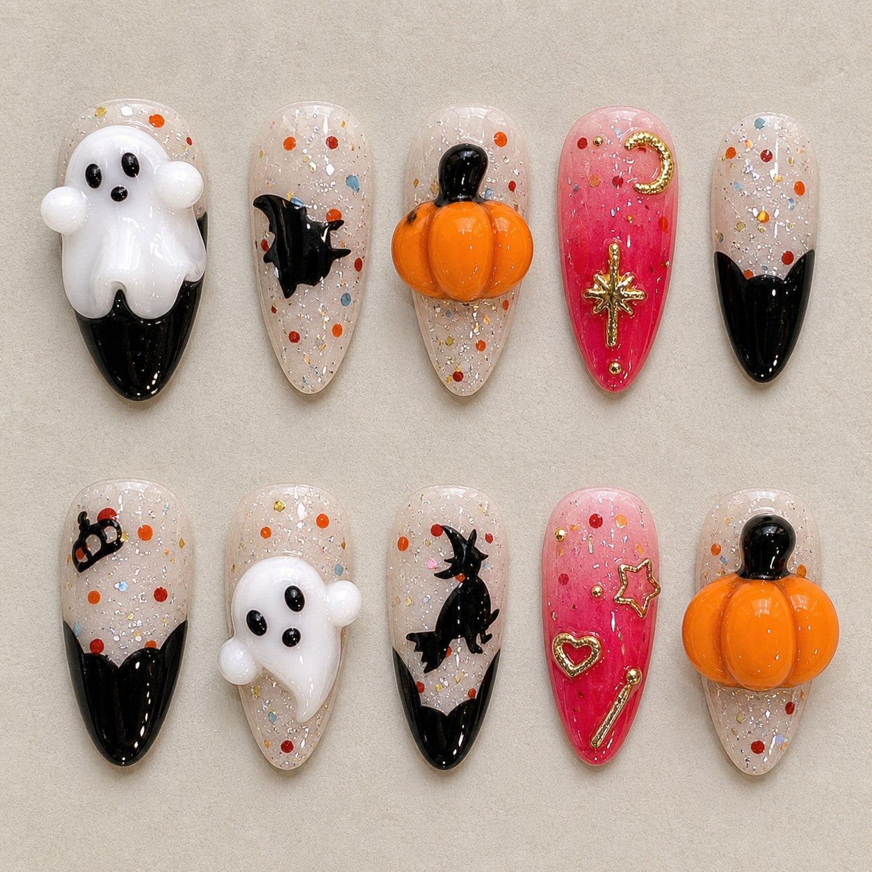 Full set of 10 almond press-on nails — Broomstick Boo Halloween nail art with witch, ghost, pumpkin
