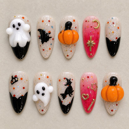 Full set of 10 almond press-on nails — Broomstick Boo Halloween nail art with witch, ghost, pumpkin