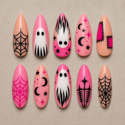 Full set of 10 almond press-on nails — Bubble Hex Halloween nail art with ghost, punk, pink