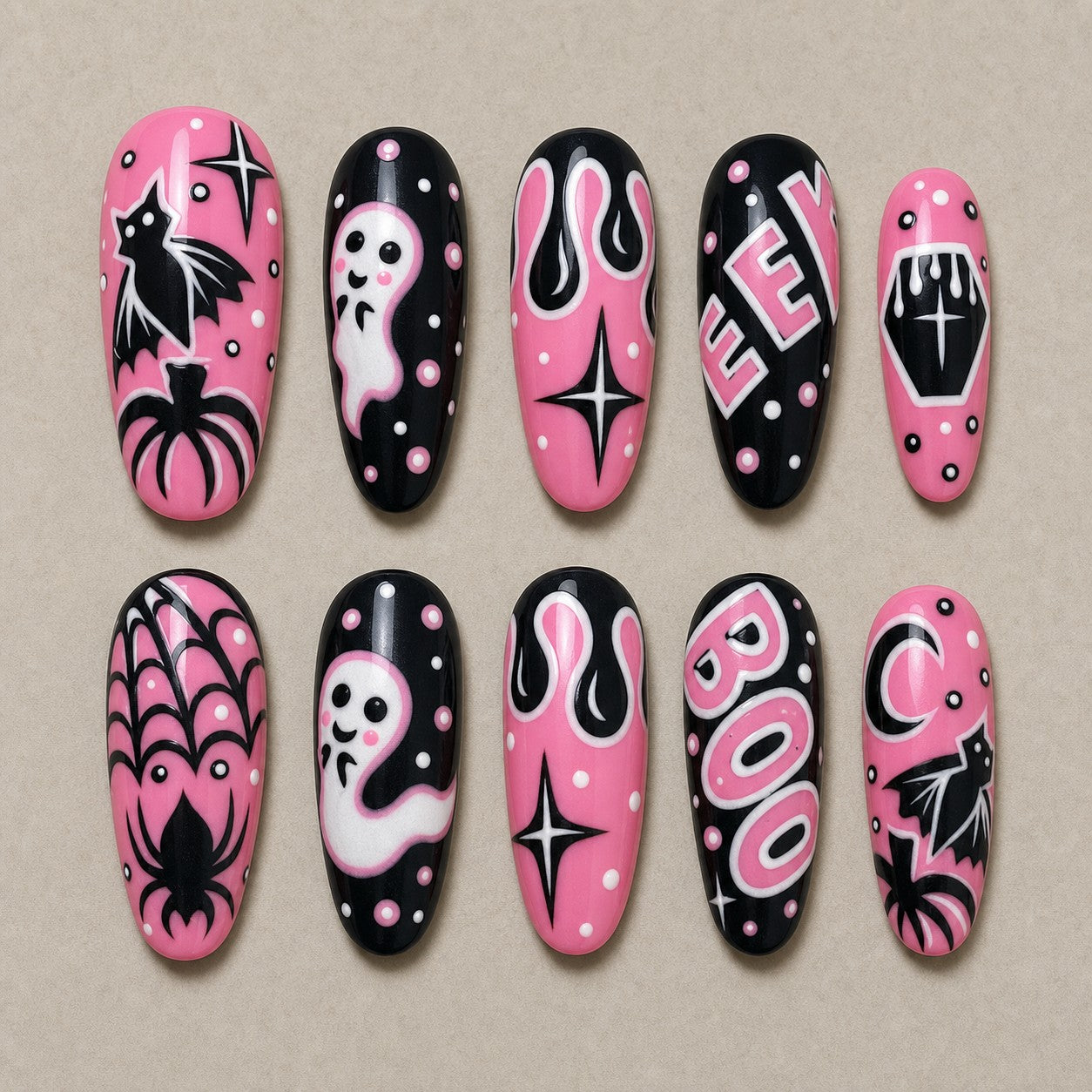 Full set of 10 almond press-on nails — Bubblegum Boo Halloween nail art with ghost, bat, spider web
