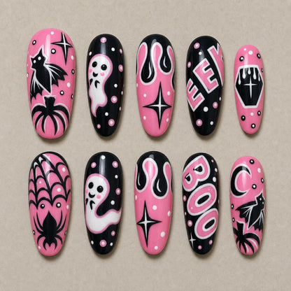 Full set of 10 almond press-on nails — Bubblegum Boo Halloween nail art with ghost, bat, spider web