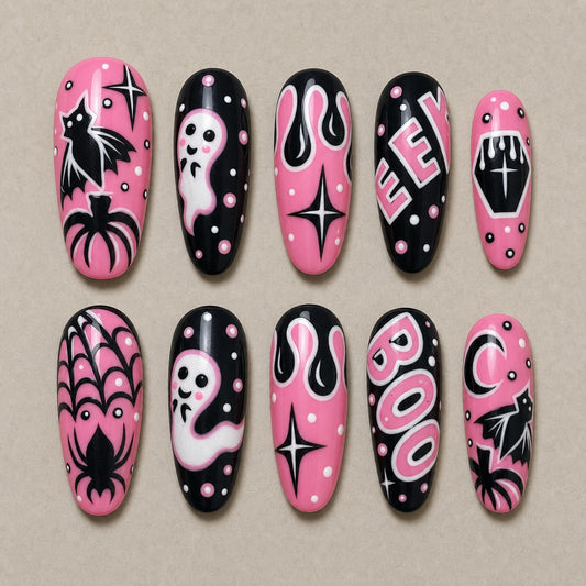 Full set of 10 almond press-on nails — Bubblegum Boo Halloween nail art with ghost, bat, spider web