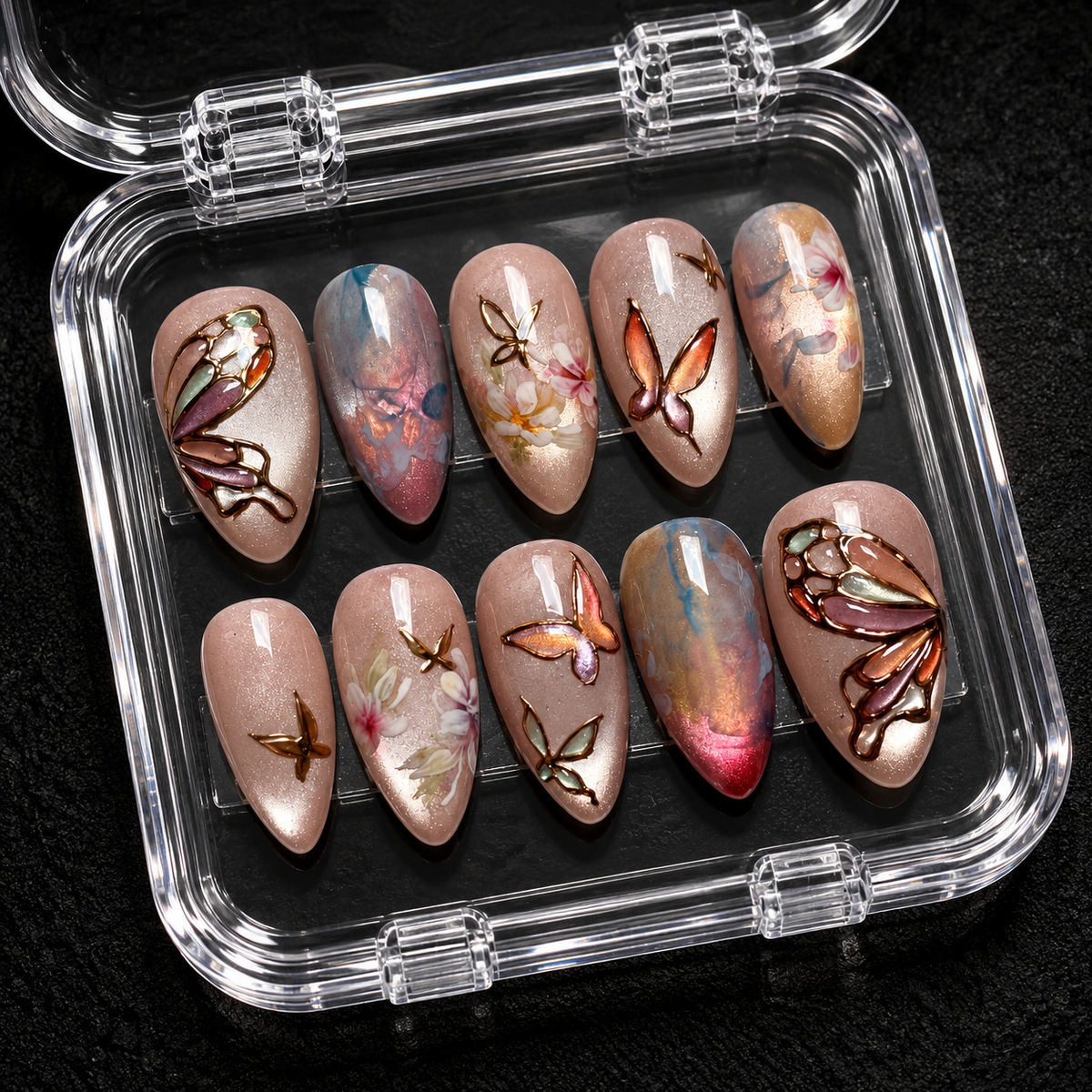 Iridescent Butterfly Garden Press-On Nails with Chrome Accents