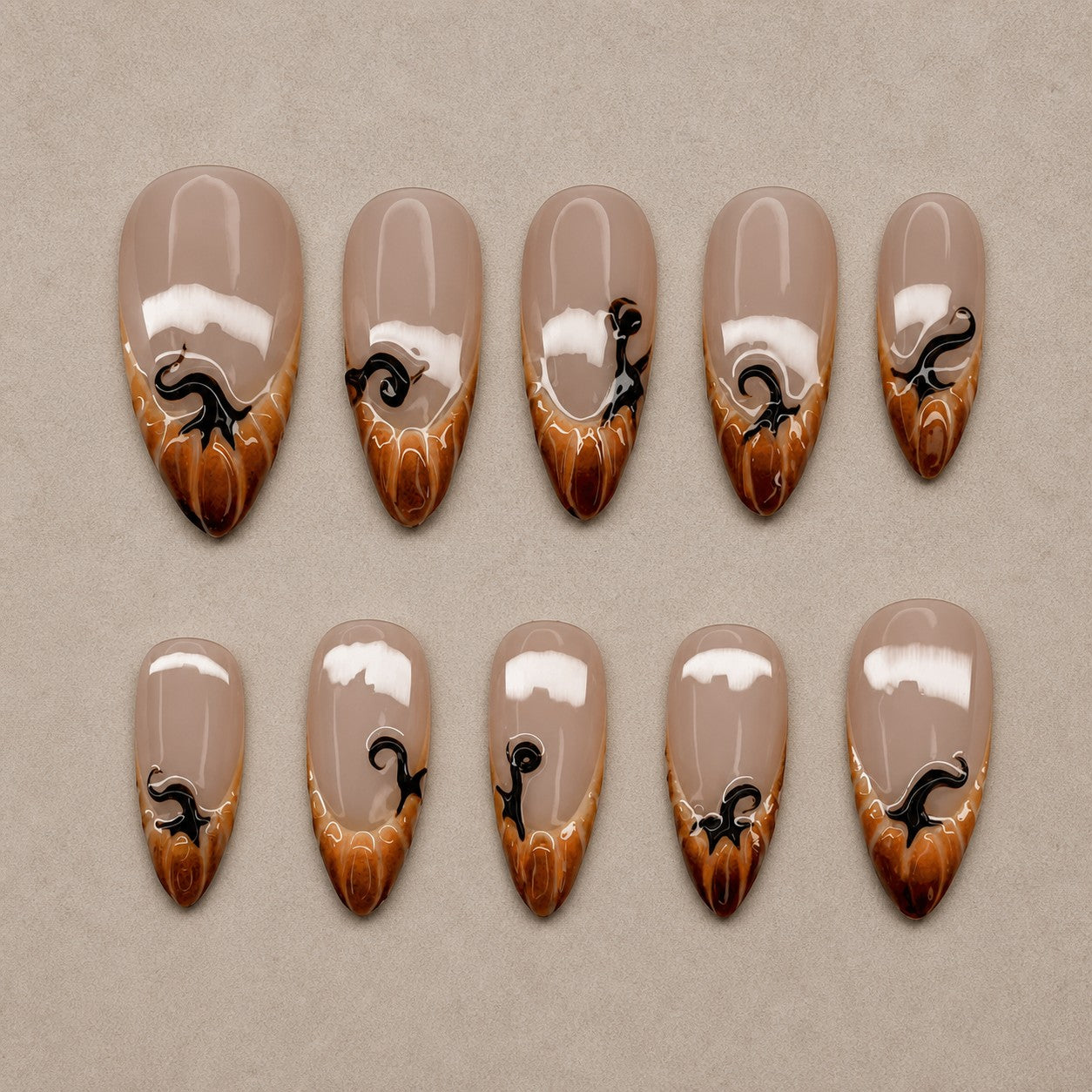 Full set of 10 almond press-on nails — Caramel Drip Halloween nail art with black cat, fall, french tip