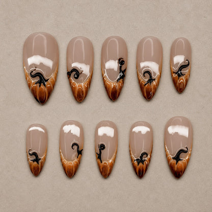 Full set of 10 almond press-on nails — Caramel Drip Halloween nail art with black cat, fall, french tip