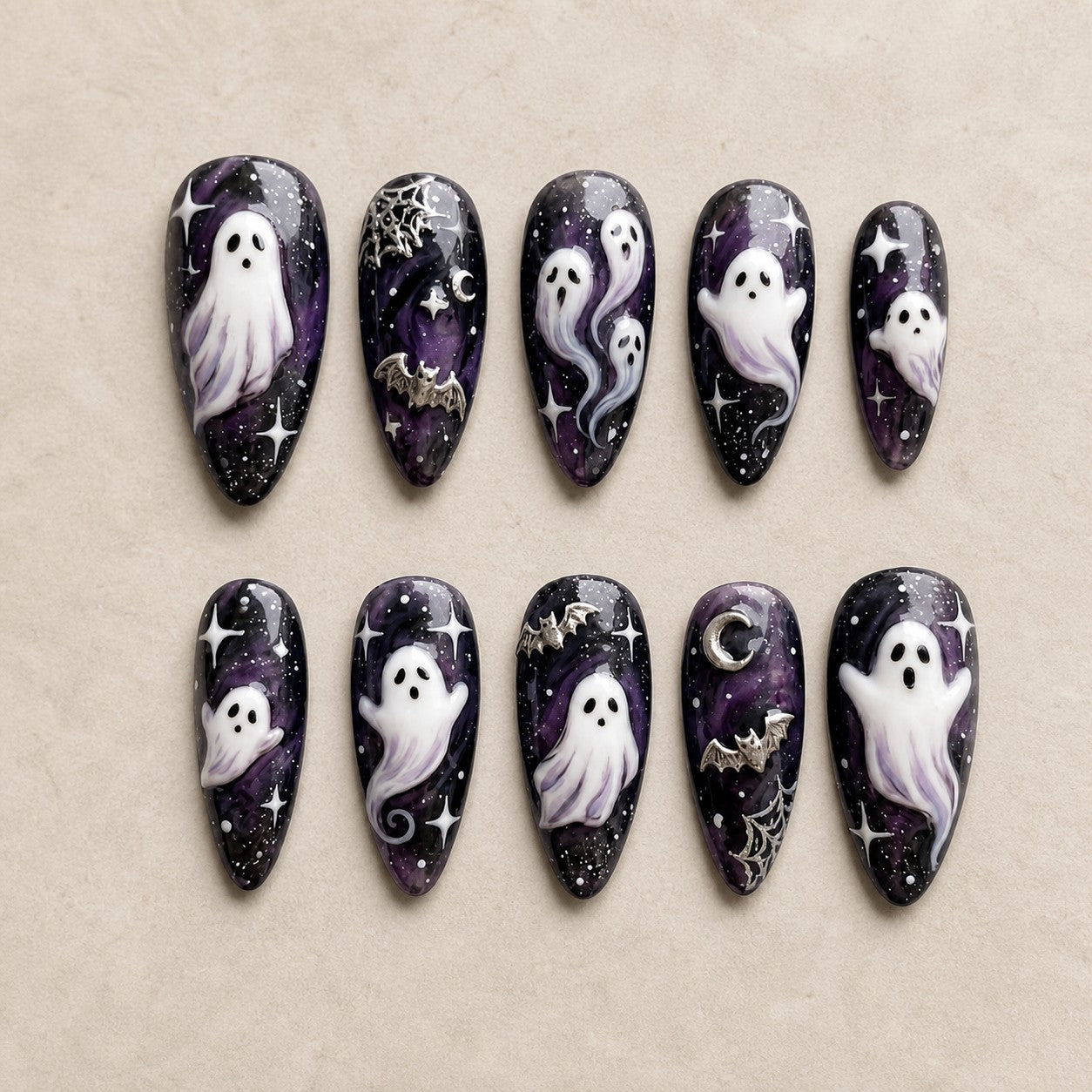 Full set of 10 almond press-on nails — Celestial Haunt Halloween nail art with ghost, galaxy, celestial