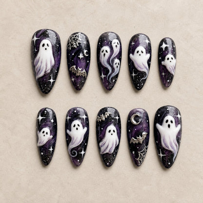 Full set of 10 almond press-on nails — Celestial Haunt Halloween nail art with ghost, galaxy, celestial