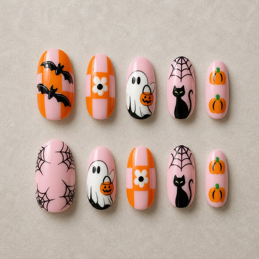 Full set of 10 almond press-on nails — Checker Boo Halloween nail art with checkerboard, ghost, black cat