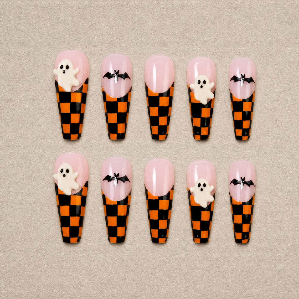 Full set of 10 coffin press-on nails — Checkered Phantom Halloween nail art with checkerboard, ghost, coffin