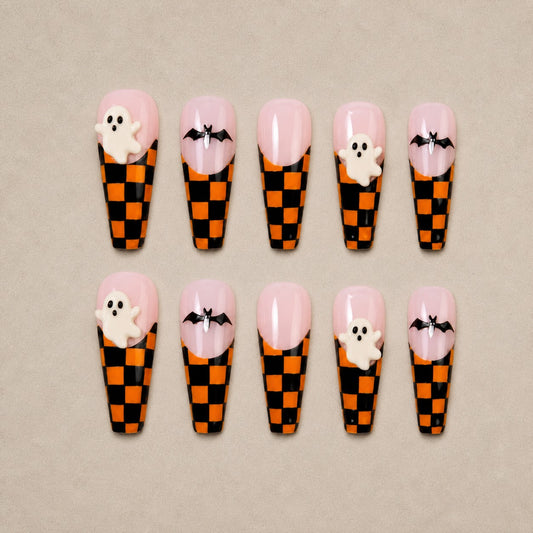 Full set of 10 coffin press-on nails — Checkered Phantom Halloween nail art with checkerboard, ghost, coffin