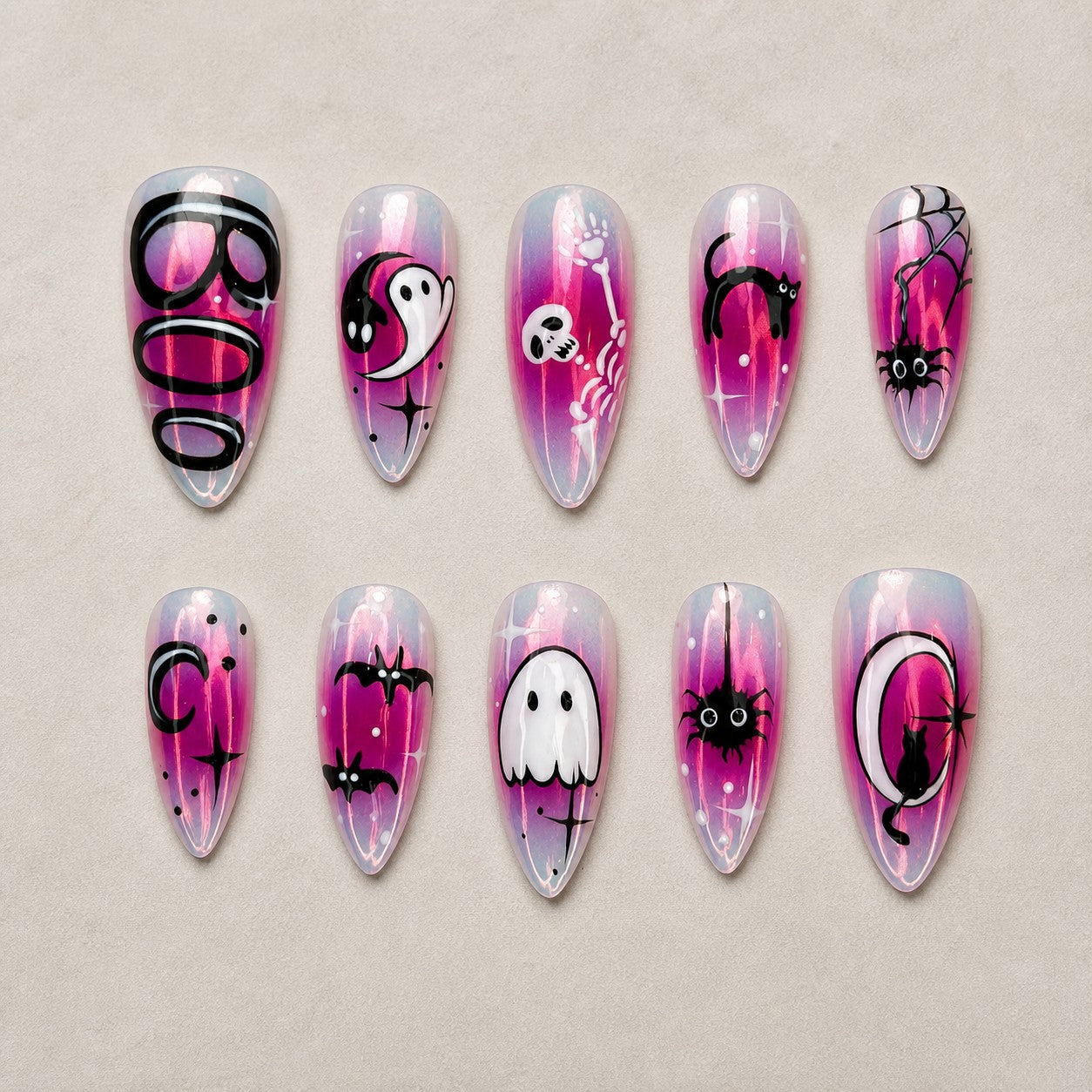 Full set of 10 almond press-on nails — Chrome Boo Halloween nail art with y2k, chrome, ghost