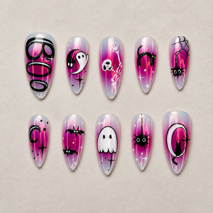 Full set of 10 almond press-on nails — Chrome Boo Halloween nail art with y2k, chrome, ghost
