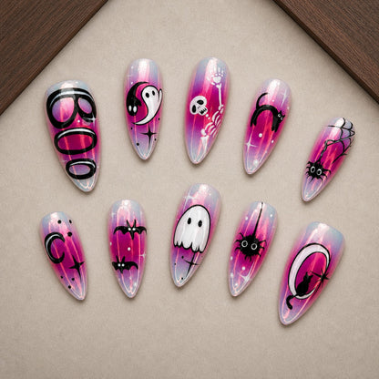 Chrome Boo Halloween press-on nail set displayed in a walnut tray — almond shape