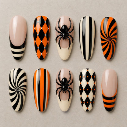 Full set of 10 almond press-on nails — Circus Widow Halloween nail art with spider, harlequin, striped