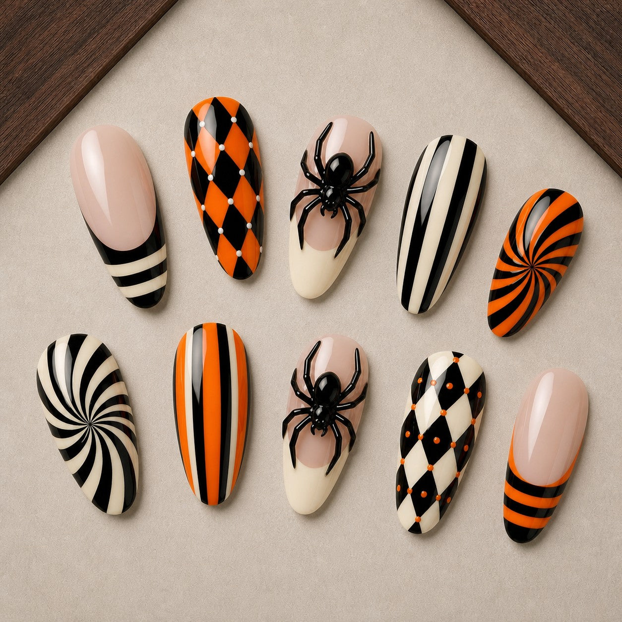 Circus Widow Halloween press-on nail set displayed in a walnut tray — almond shape