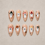 Full set of 10 almond press-on nails — Costume Party Boo Halloween nail art with ghost, spooky cute, party