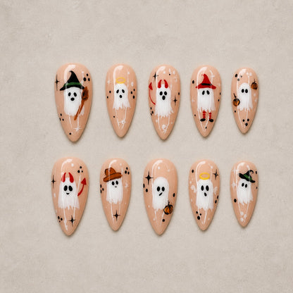 Full set of 10 almond press-on nails — Costume Party Boo Halloween nail art with ghost, spooky cute, party